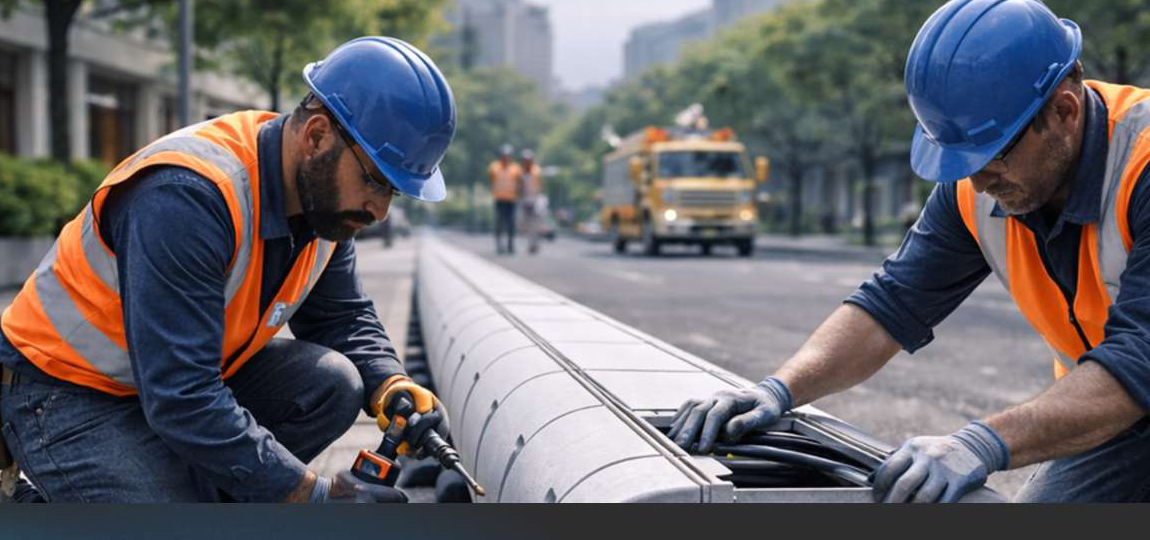 Workers installing SafeRoute Conduit modules on a city street